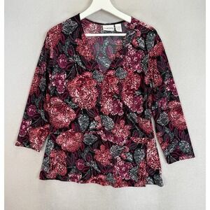 Chicos Women's 2 (US L) V-Neck Wrap Floral Prints Stretchy 3/4 Sleeve Blouse Top